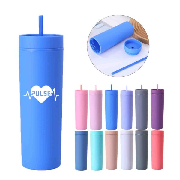 16 oz Plastic Straight Tumbler with Straw Solid Color