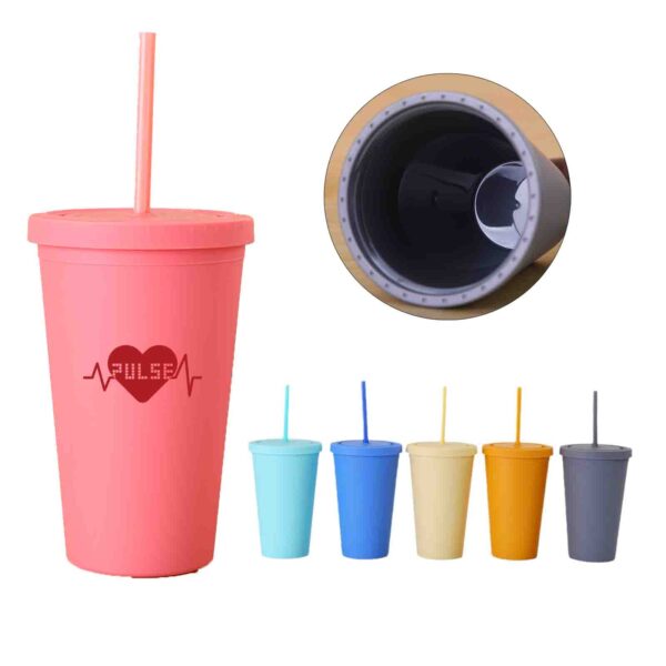 15oz Double Wall Plastic Cup with Lid and Straw Matte Finish