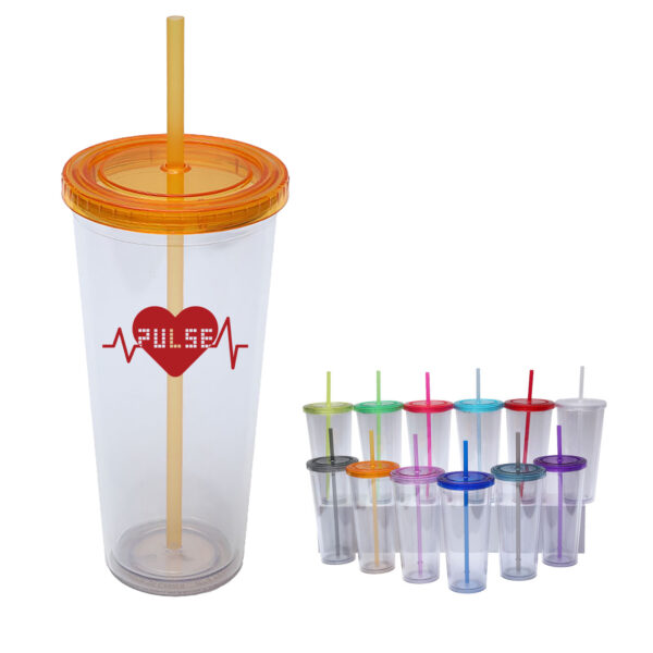 24 oz Double Wall Plastic Cup with Straw and Threaded Lid